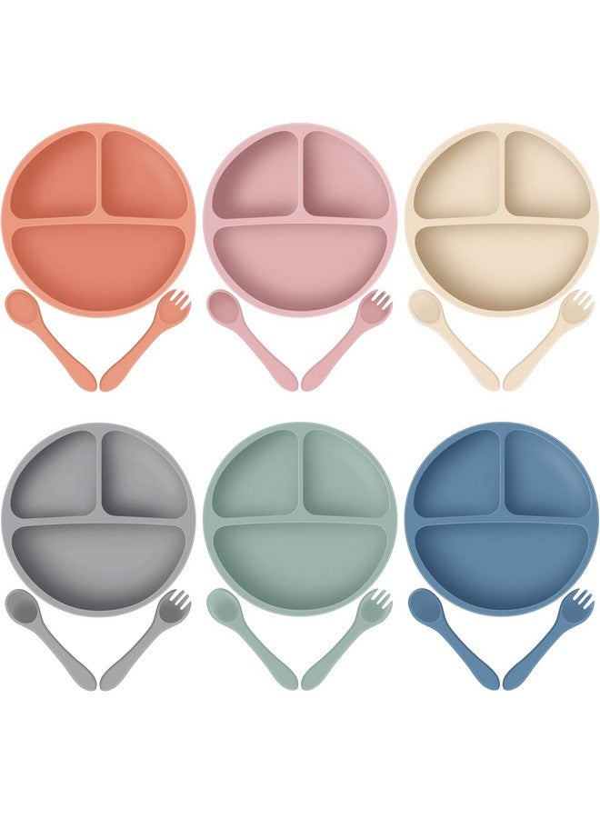 6 Pack Suction Plates For Baby With Spoon Fork Divided Toddler Plate With Suction Silicone Baby Self Feeding Set For Boys Girls (Dark Gray Army Dark Blue Orange Khaki Pink)