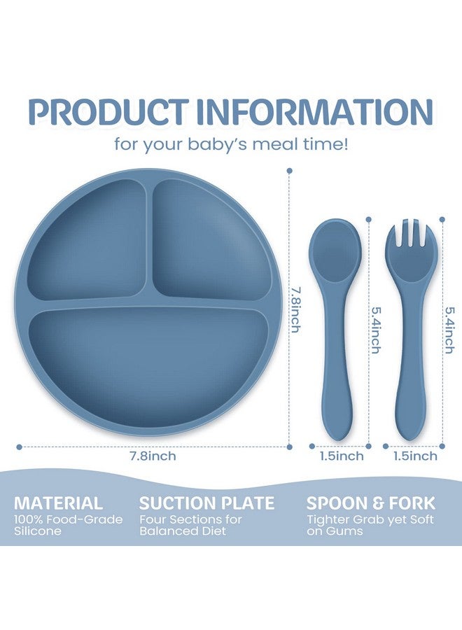 6 Pack Suction Plates For Baby With Spoon Fork Divided Toddler Plate With Suction Silicone Baby Self Feeding Set For Boys Girls (Dark Gray Army Dark Blue Orange Khaki Pink)