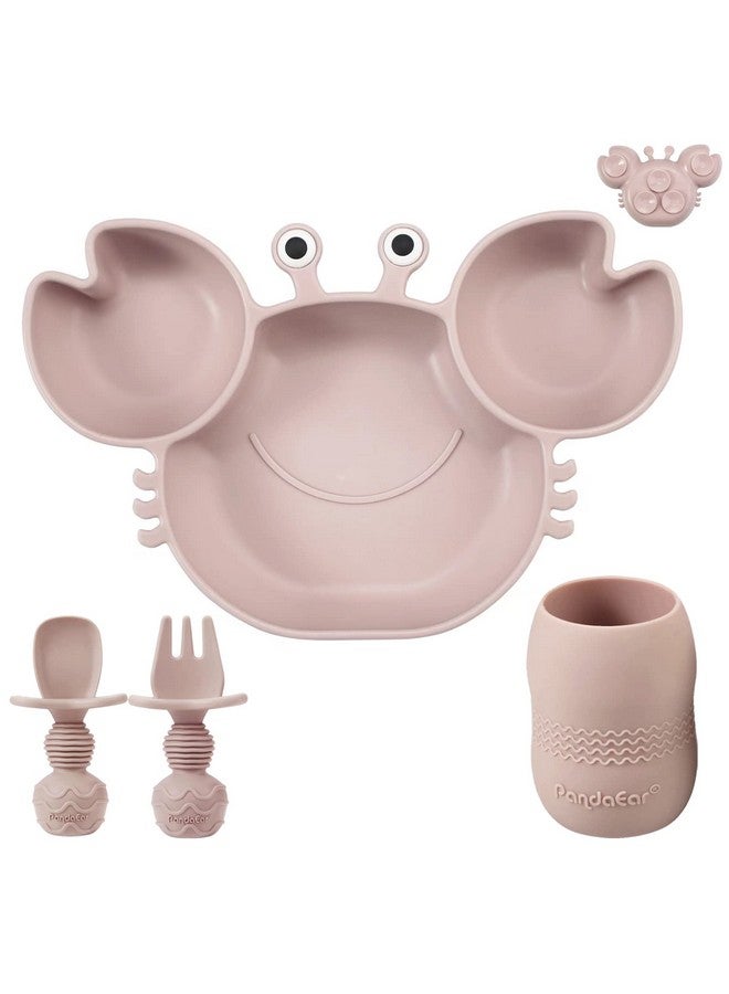 Silicone Baby Feeding Set; Silicone Divided Suction Crab Plate And Tiny Cup With Spoons & Forks; Baby Led Weaning Supplies Self Feeding Eating Utensils Pink