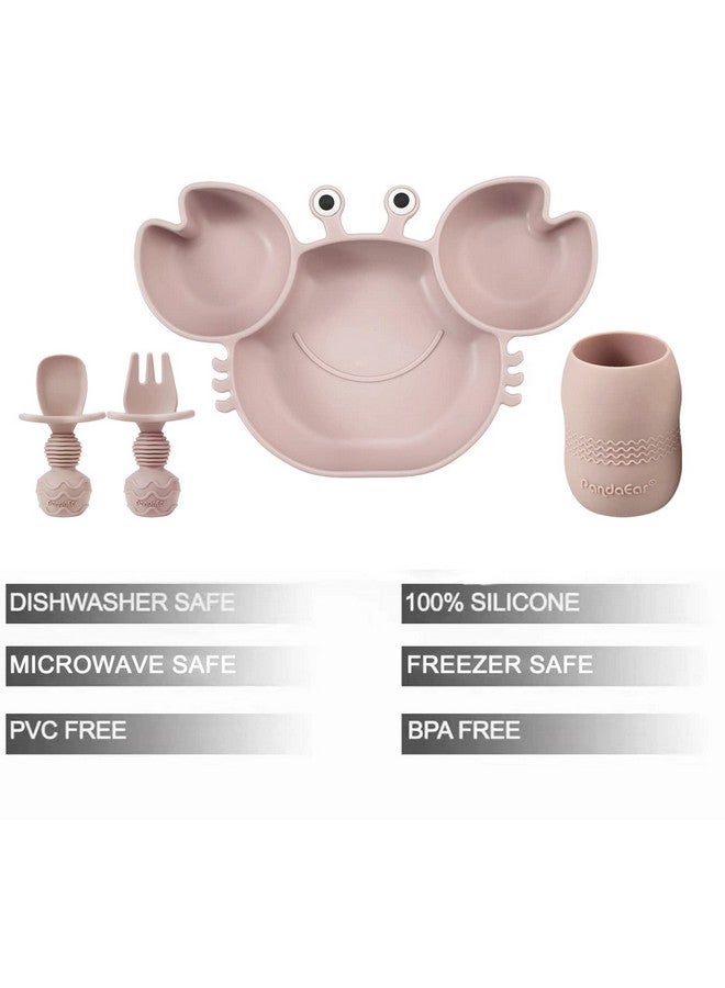 Silicone Baby Feeding Set; Silicone Divided Suction Crab Plate And Tiny Cup With Spoons & Forks; Baby Led Weaning Supplies Self Feeding Eating Utensils Pink