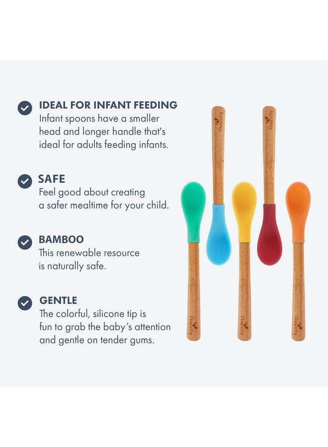 ® Infant Baby Spoons Bamboo And Silicone Set Self Feeding Food Utensils 4 Months Baby Led Weaning 5 Pack With Blue Spoon