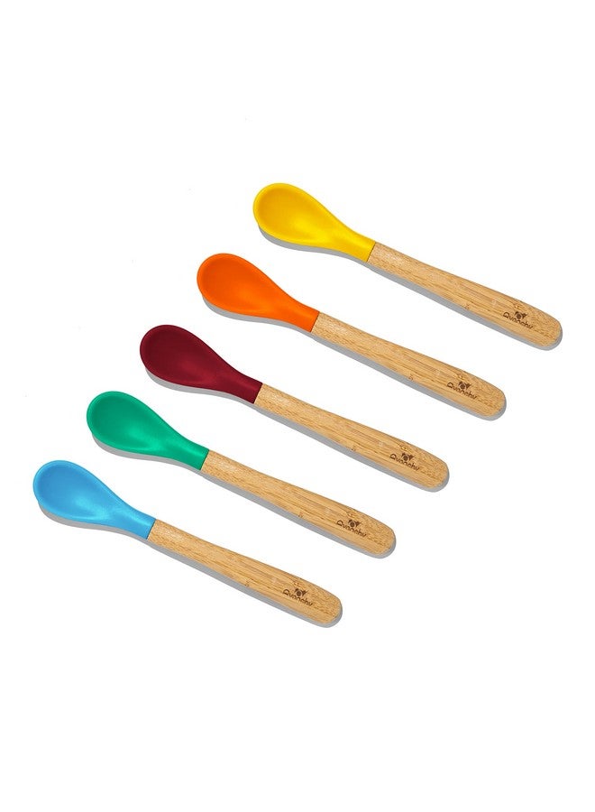 ® Infant Baby Spoons Bamboo And Silicone Set Self Feeding Food Utensils 4 Months Baby Led Weaning 5 Pack With Blue Spoon