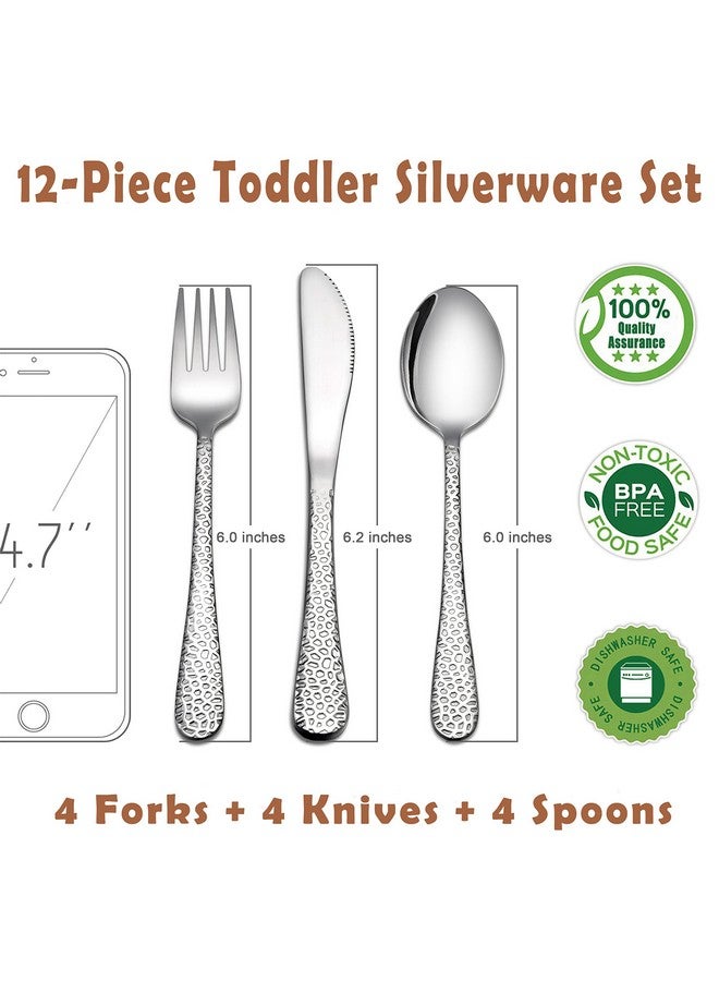 12Piece Toddler Kids Silverware Set Haware Stainless Steel Hammered Flatware Cutlery Children Tableware Includes 4 Spoons 4 Forks 4 Butter Knives Ideal For Preschooler Dishwasher Safe