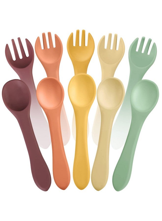 10 Pieces Baby Led Weaning Spoons And Forks Set Infant Silicone Spoon First Self Feed Baby Training Utensils For Toddler First Stage Feeding Supplies For Kids Over 6 Months 5 Pairs (Classic Colors)