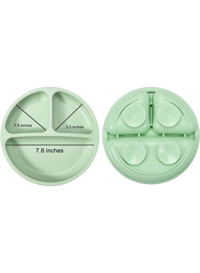 Silicone Baby Feeding Set; 2 Pack Silicone Divided Suction Plate With 2 Pack Spoons ; Baby Led Weaning Supplies Self Feeding Eating Utensils (Green/Grey)