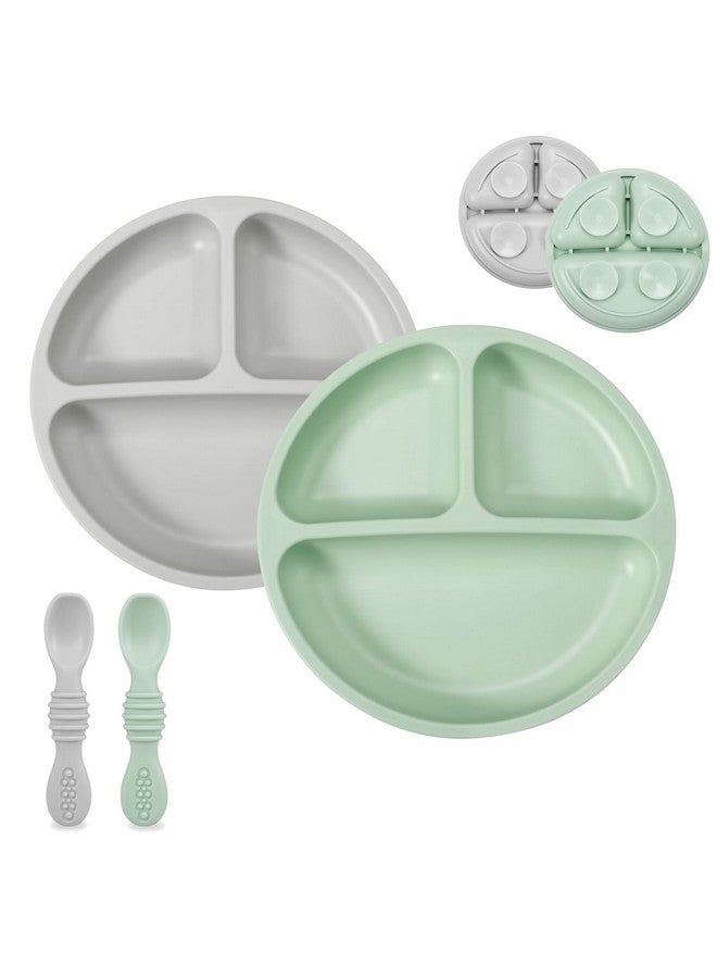 Silicone Baby Feeding Set; 2 Pack Silicone Divided Suction Plate With 2 Pack Spoons ; Baby Led Weaning Supplies Self Feeding Eating Utensils (Green/Grey)