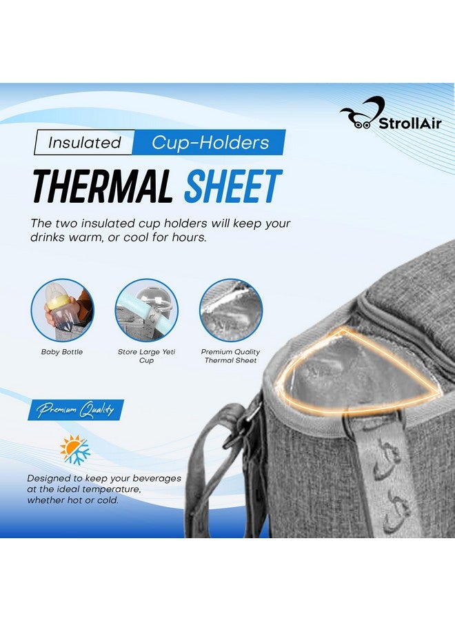 Universal Stroller Organizer With Insulated Cup Holder Stroller Caddy Compatible With Cosmos Solo Nuna Baby Jogger Bumbleride Uppababy Parent Drink Holder Stroller Accessories (Grey)