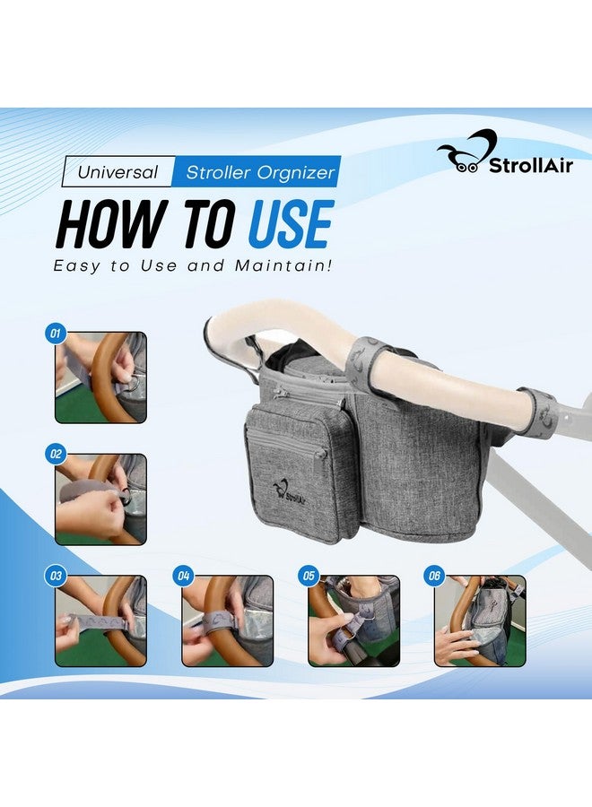 Universal Stroller Organizer With Insulated Cup Holder Stroller Caddy Compatible With Cosmos Solo Nuna Baby Jogger Bumbleride Uppababy Parent Drink Holder Stroller Accessories (Grey)