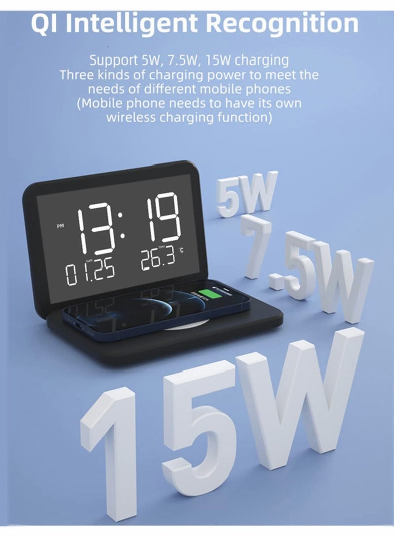 Mirror Surface LED Electronic Clocks with Wireless Charger Auto Brightness Digital Alarm ClockTemperature Display