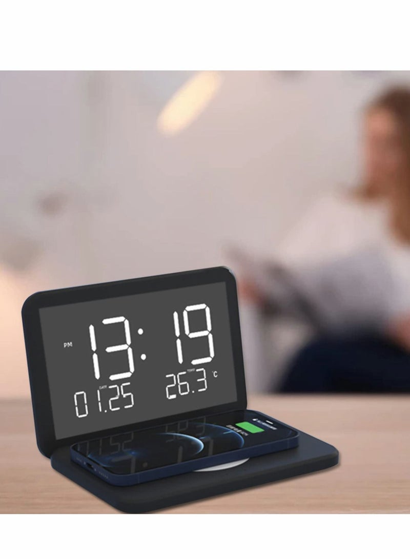 Mirror Surface LED Electronic Clocks with Wireless Charger Auto Brightness Digital Alarm ClockTemperature Display