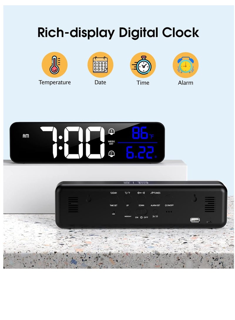 Digital Clock for Bedrooms Plug-in Alarm Clock, Day Calendar Chargable Desk Snooze Mode Custom Brightness Loud Radio Office Table
