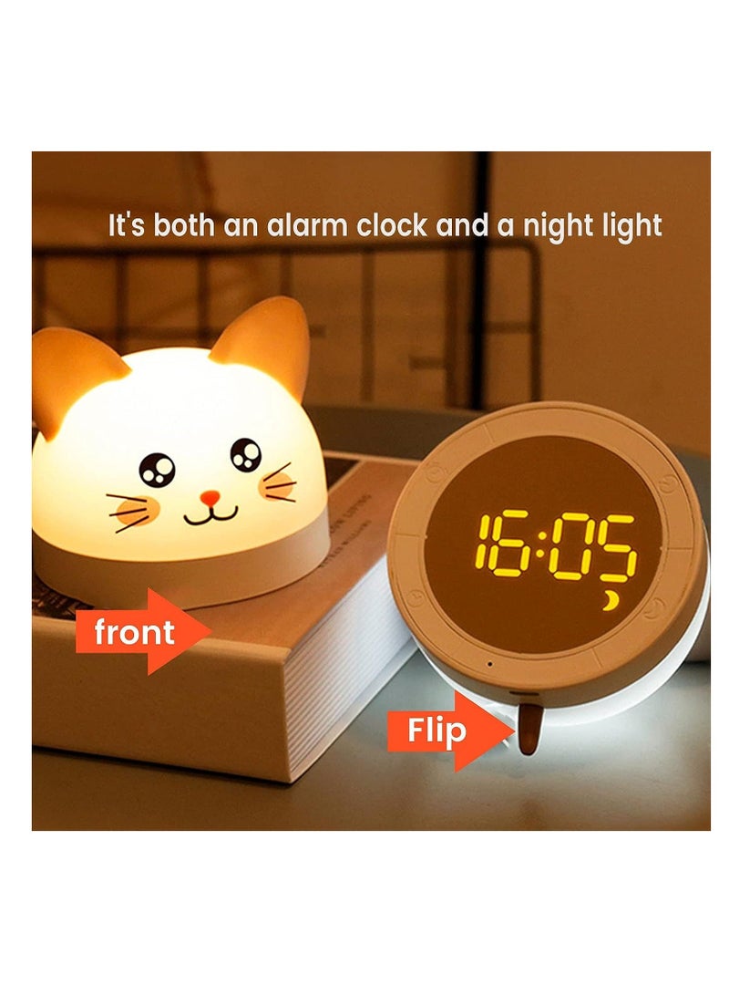 Kids Alarm Clock with Night Light, Cute Cat Digital for Kids, Toddlers 12/24H Calendar and Rechargeable Sleep Trainer Boys Girls Bedroom