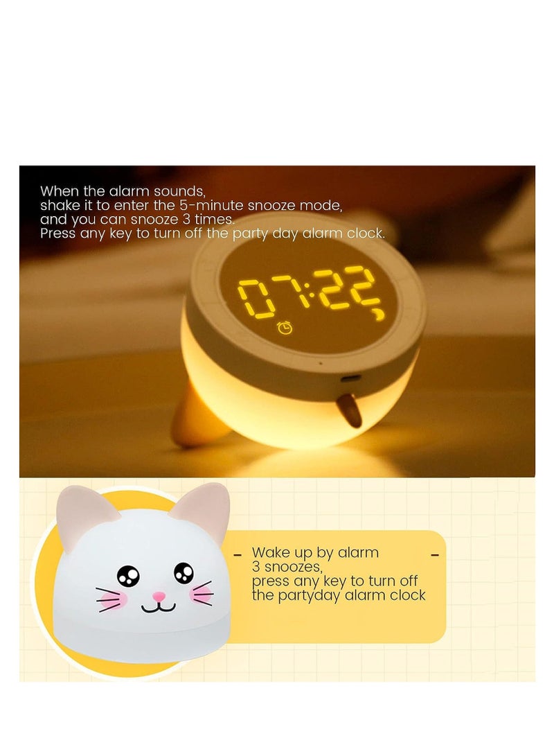 Kids Alarm Clock with Night Light, Cute Cat Digital for Kids, Toddlers 12/24H Calendar and Rechargeable Sleep Trainer Boys Girls Bedroom