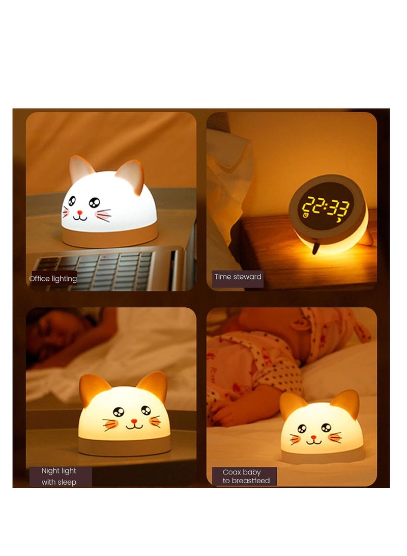 Kids Alarm Clock with Night Light, Cute Cat Digital for Kids, Toddlers 12/24H Calendar and Rechargeable Sleep Trainer Boys Girls Bedroom