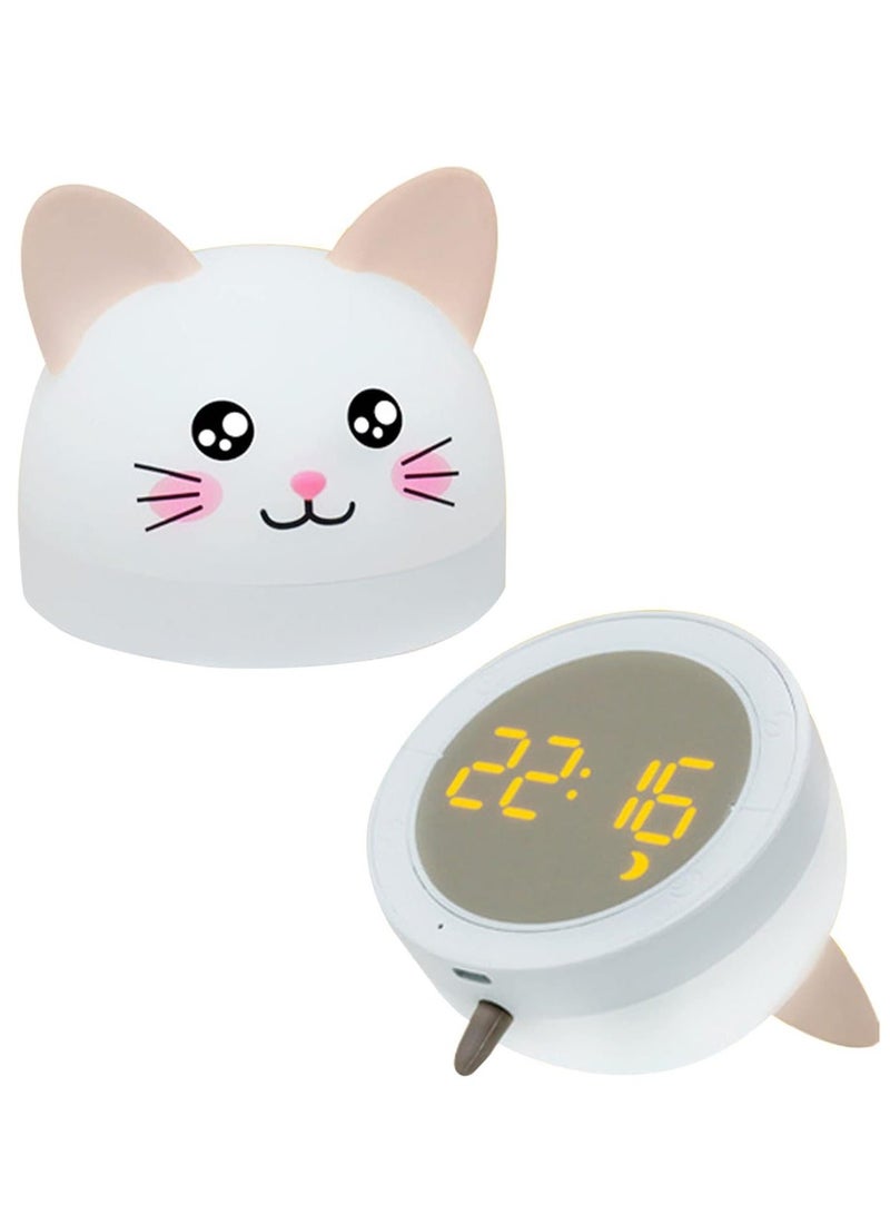 Kids Alarm Clock with Night Light, Cute Cat Digital for Kids, Toddlers 12/24H Calendar and Rechargeable Sleep Trainer Boys Girls Bedroom