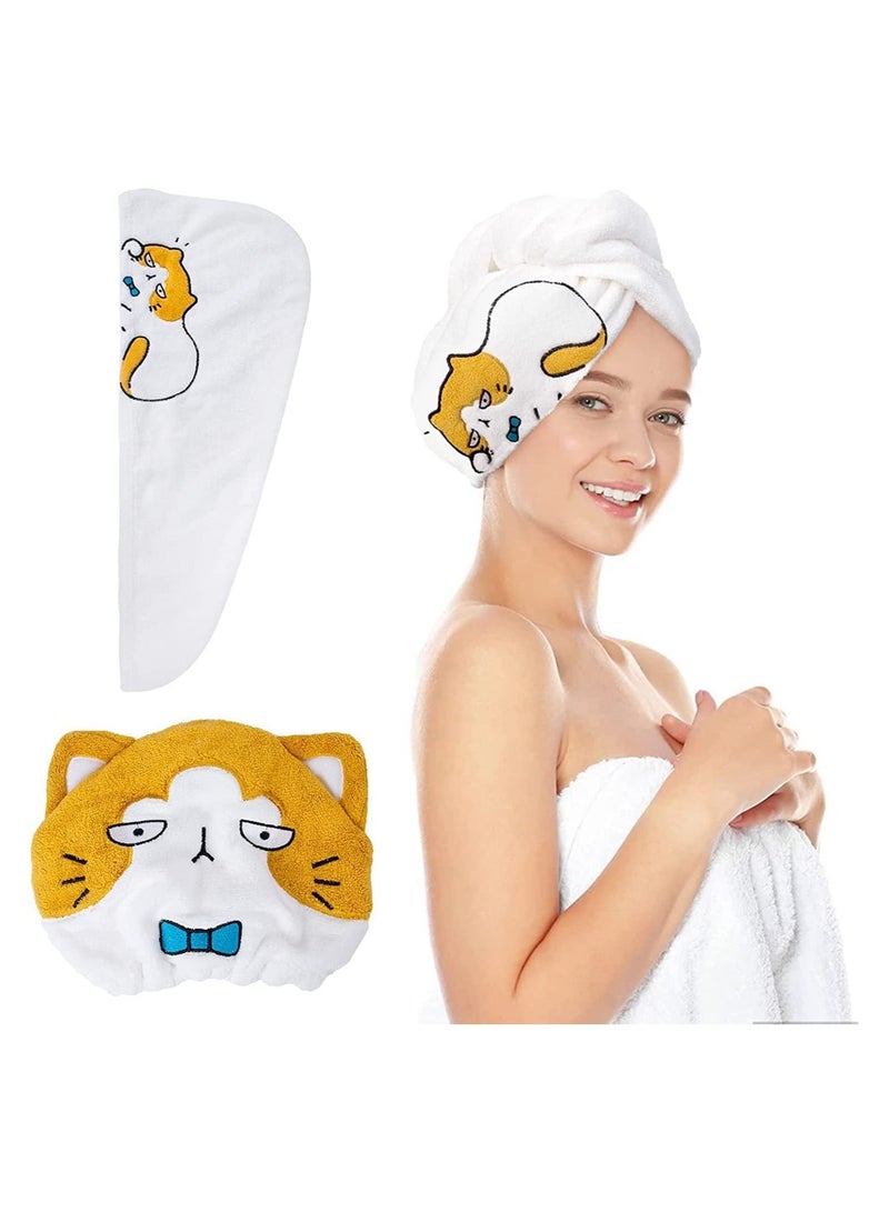 Microfiber Hair Towel wrap and Drying Cap Set with Cute cat - Rapid for Women Kids Girls Perfect Care Curly Long Wet Anti frizz