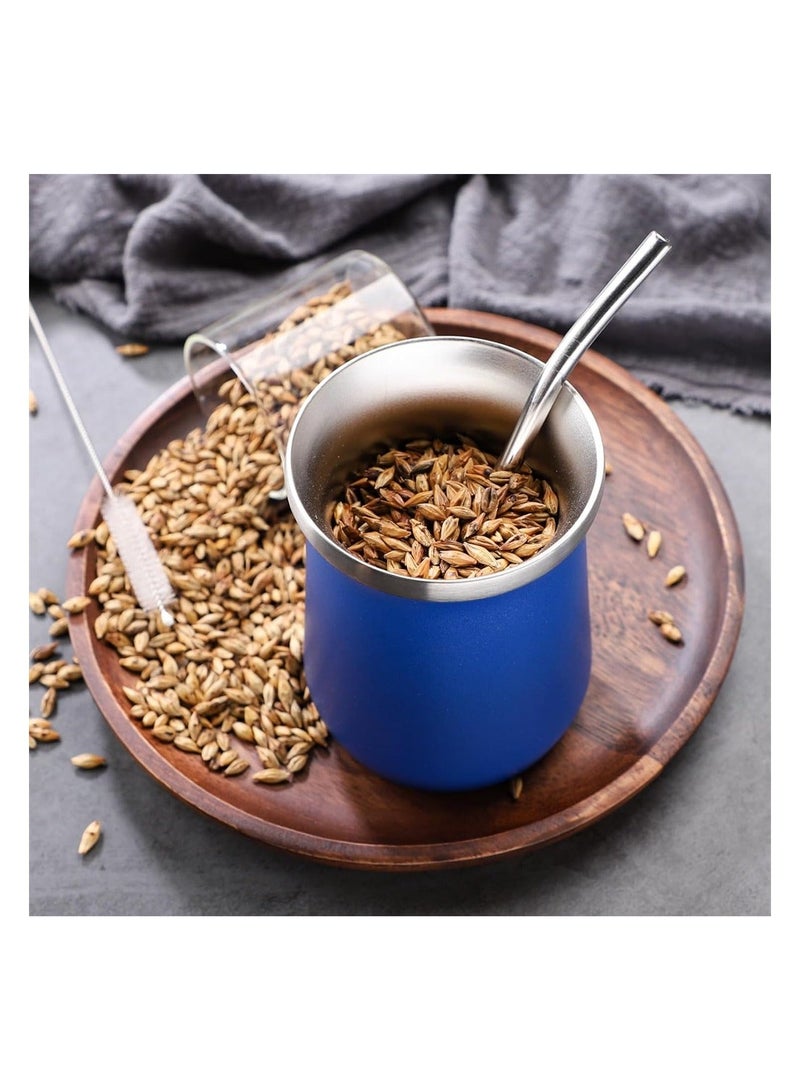 Yerba Mate Cup Stainless Steel And Bombilla Set 8oz Gourd Double Walled Tea With Straw Blue Include Cleaning Brush
