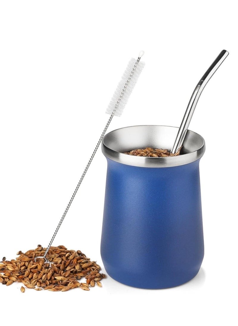 Yerba Mate Cup Stainless Steel And Bombilla Set 8oz Gourd Double Walled Tea With Straw Blue Include Cleaning Brush