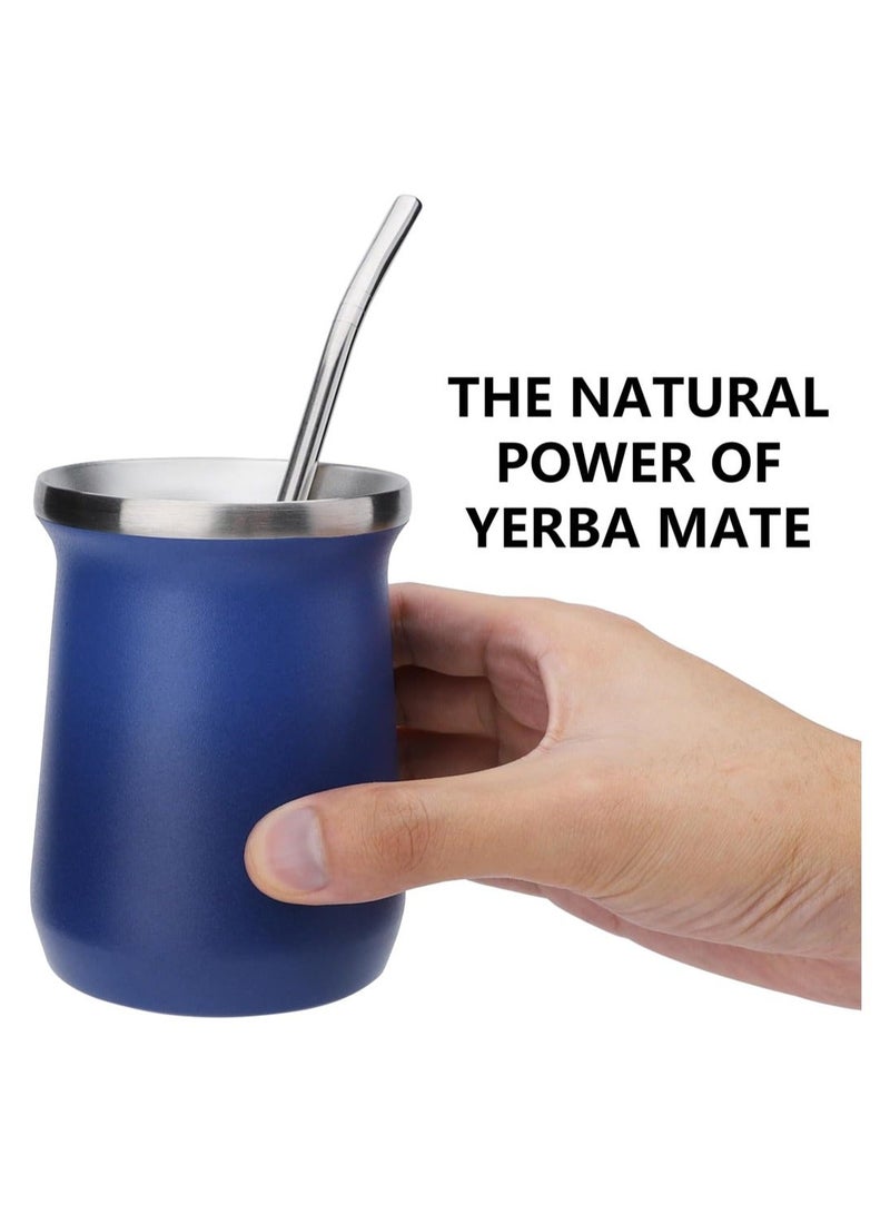 Yerba Mate Cup Stainless Steel And Bombilla Set 8oz Gourd Double Walled Tea With Straw Blue Include Cleaning Brush