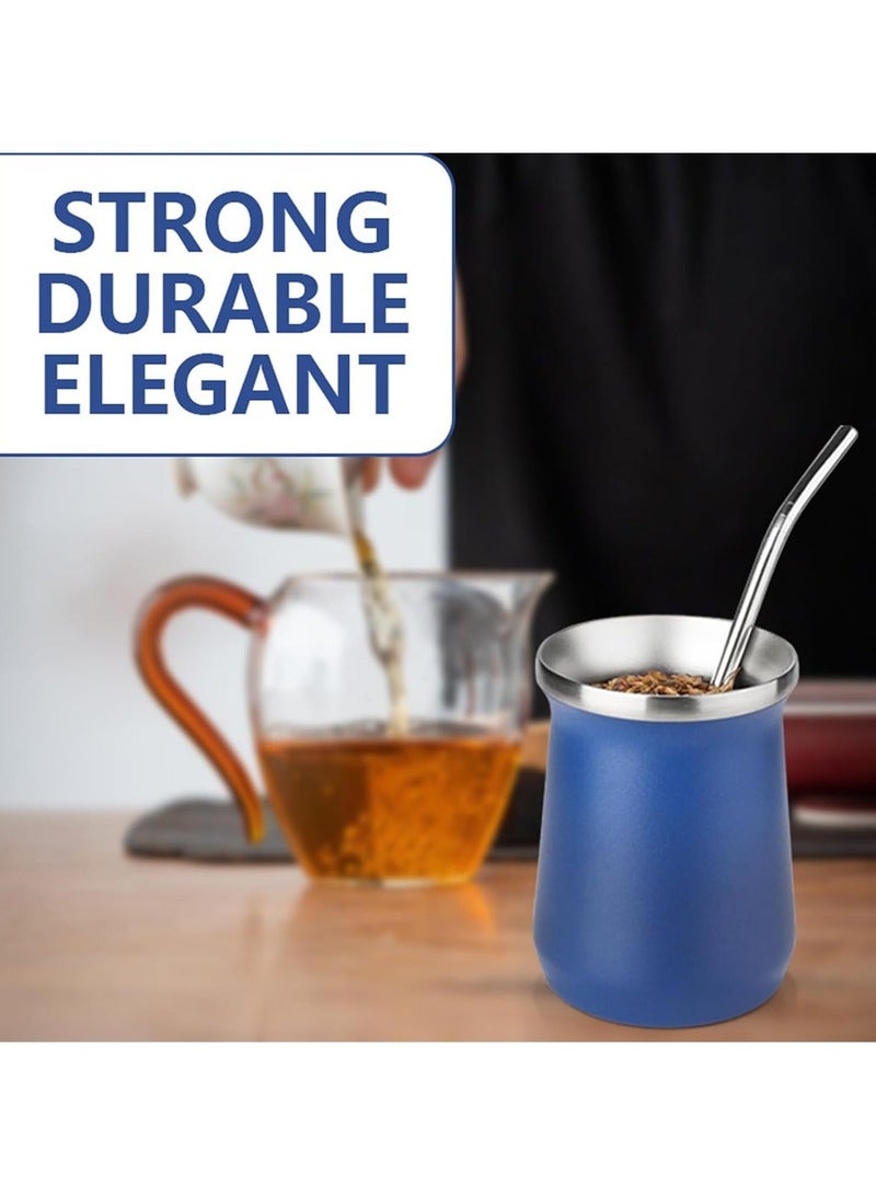 Yerba Mate Cup Stainless Steel And Bombilla Set 8oz Gourd Double Walled Tea With Straw Blue Include Cleaning Brush
