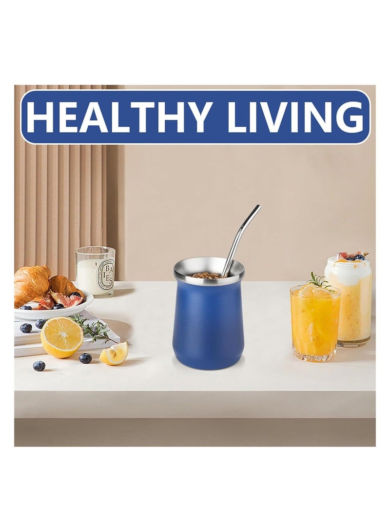 Yerba Mate Cup Stainless Steel And Bombilla Set 8oz Gourd Double Walled Tea With Straw Blue Include Cleaning Brush