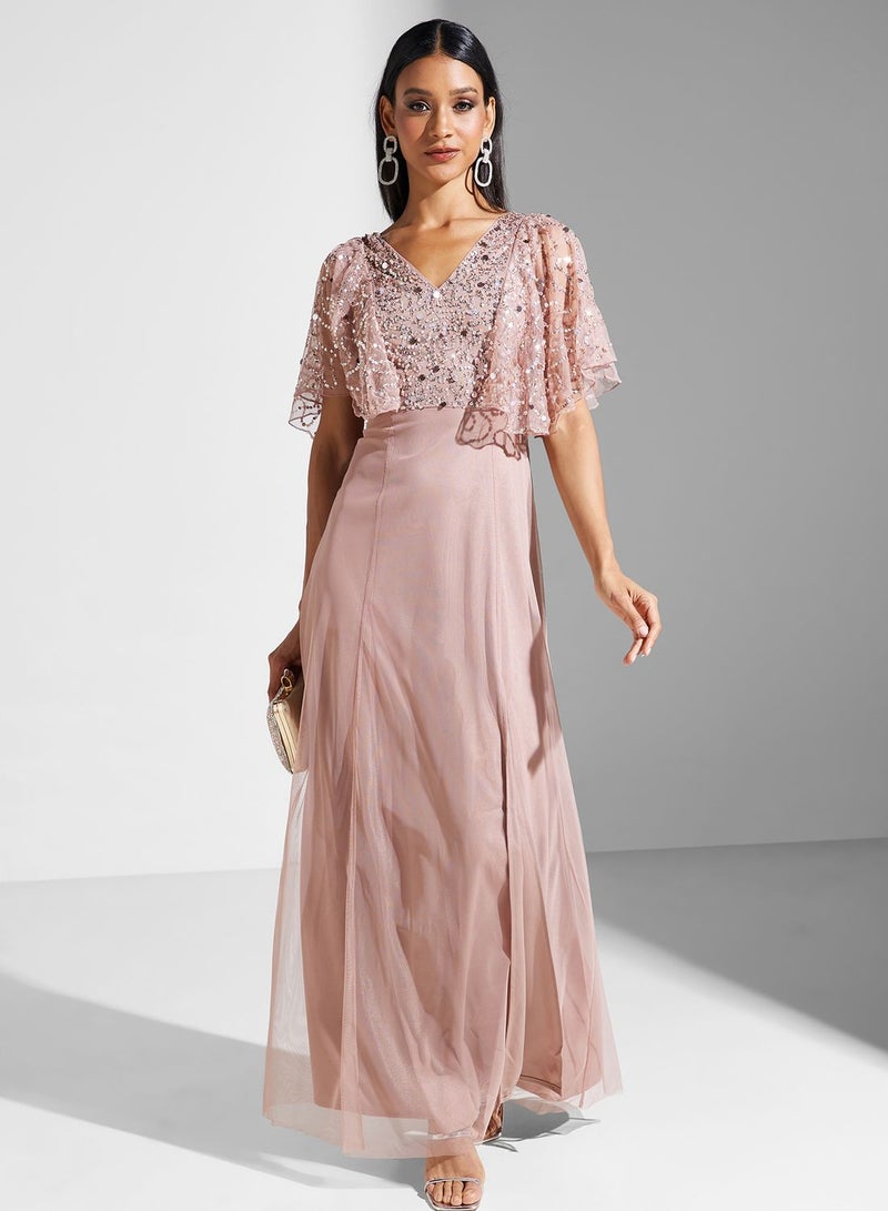 Embellished Sequin Lace Tiered Dress