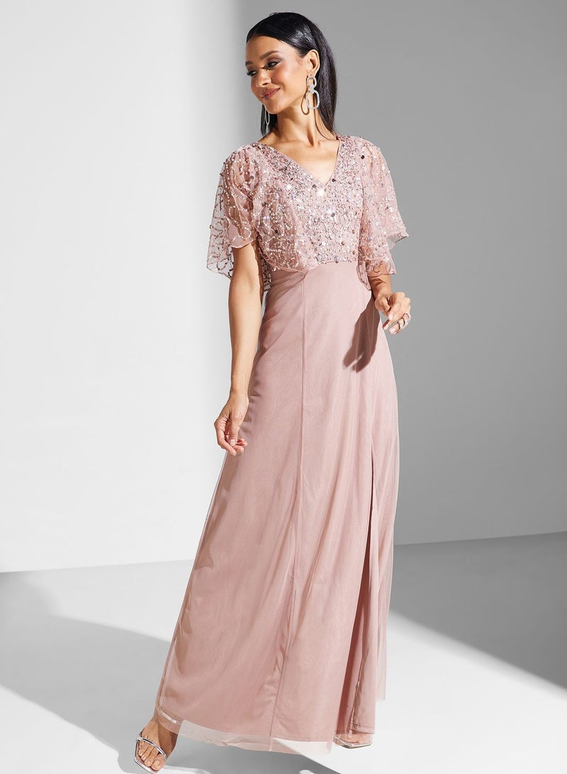 Embellished Sequin Lace Tiered Dress