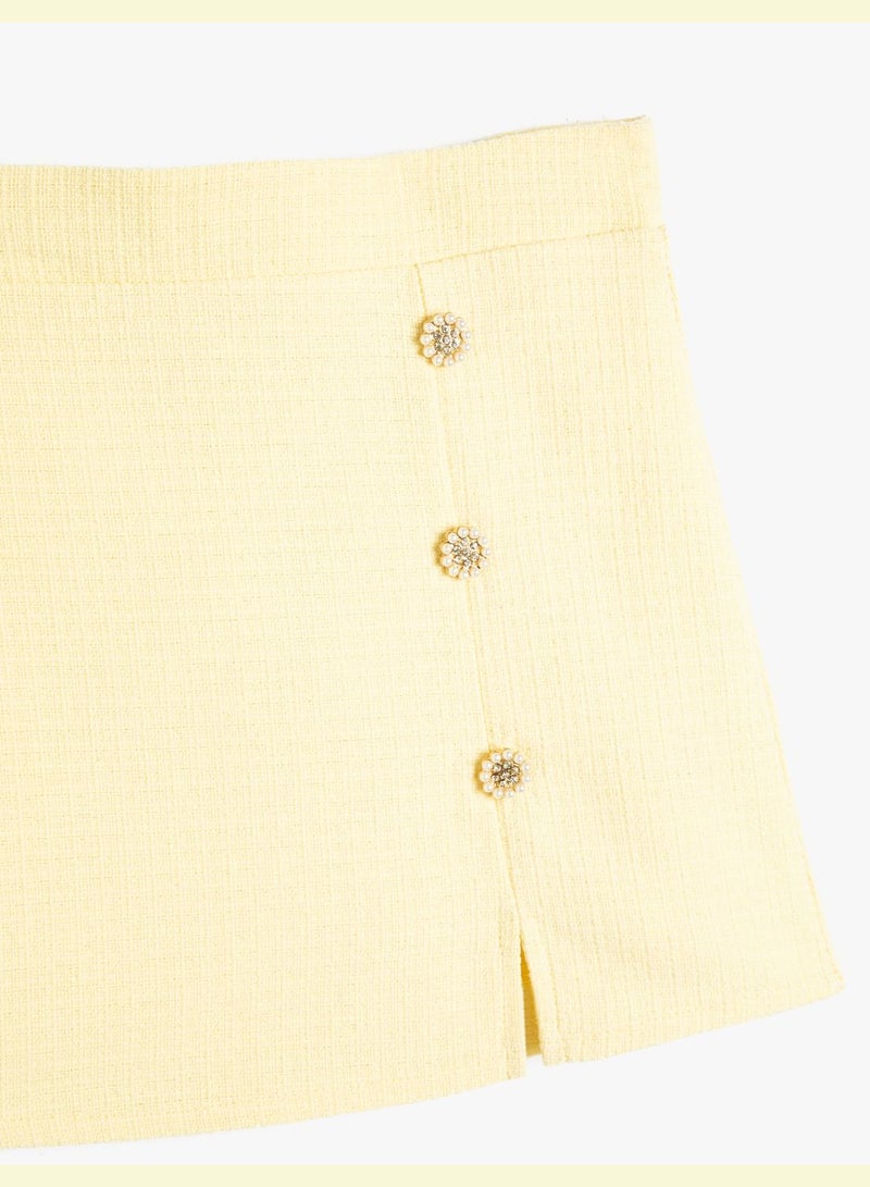 Tweed Skirt Flower Button Detail Slit Detail