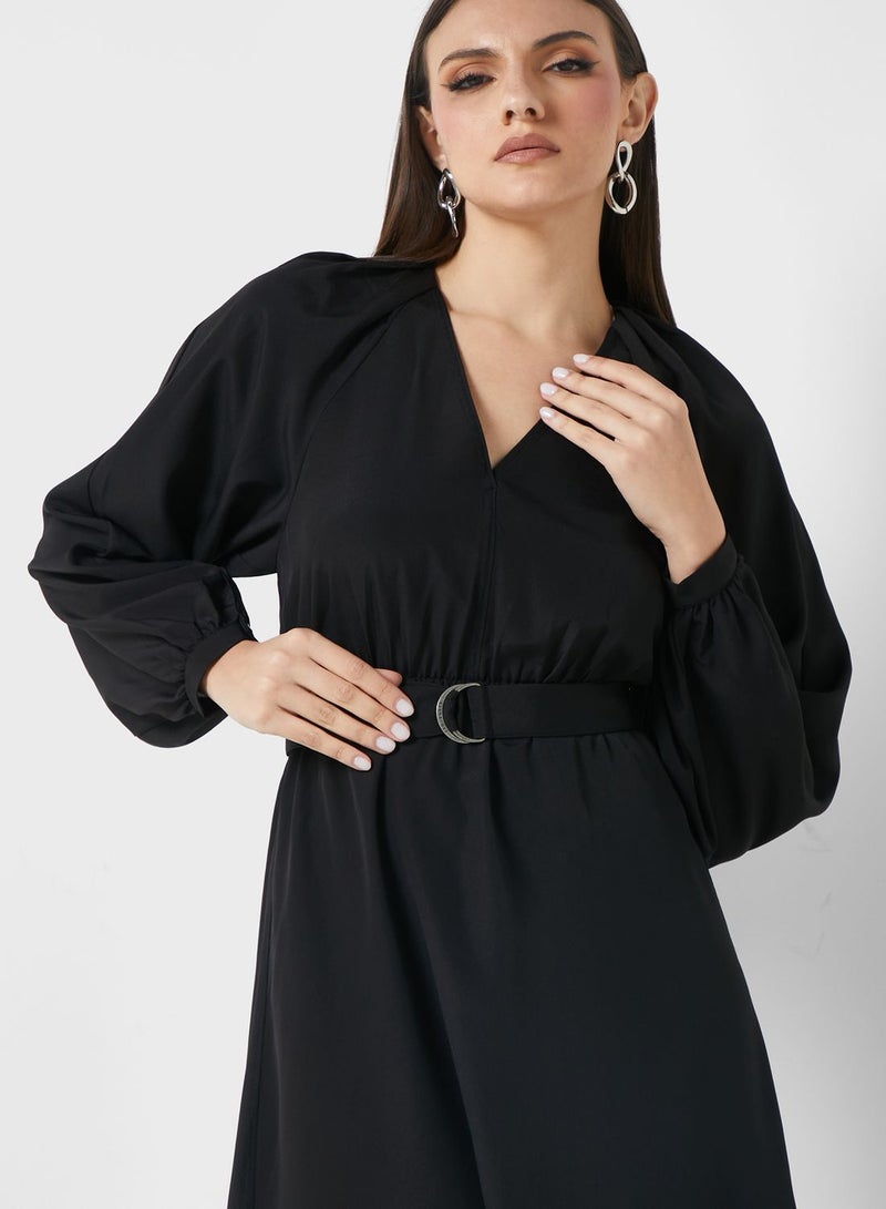 V-Neck Belted Detail Dress