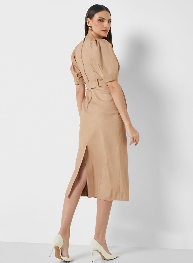 Puff Sleeve Belted Dress