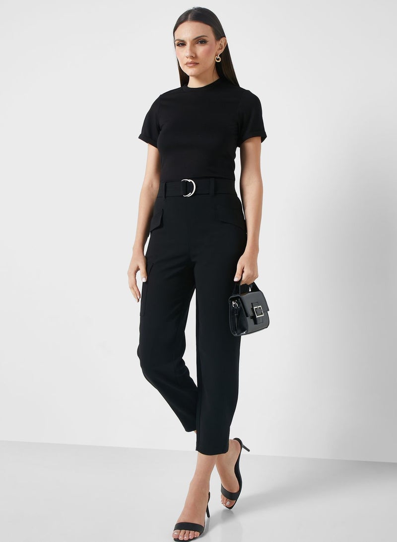 High Waisted Belted Tapered Cargo Jumpsuit