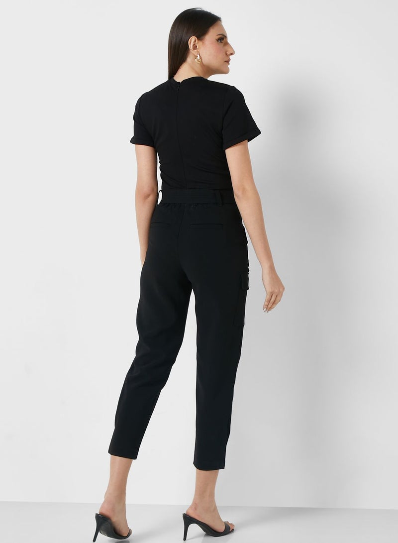 High Waisted Belted Tapered Cargo Jumpsuit