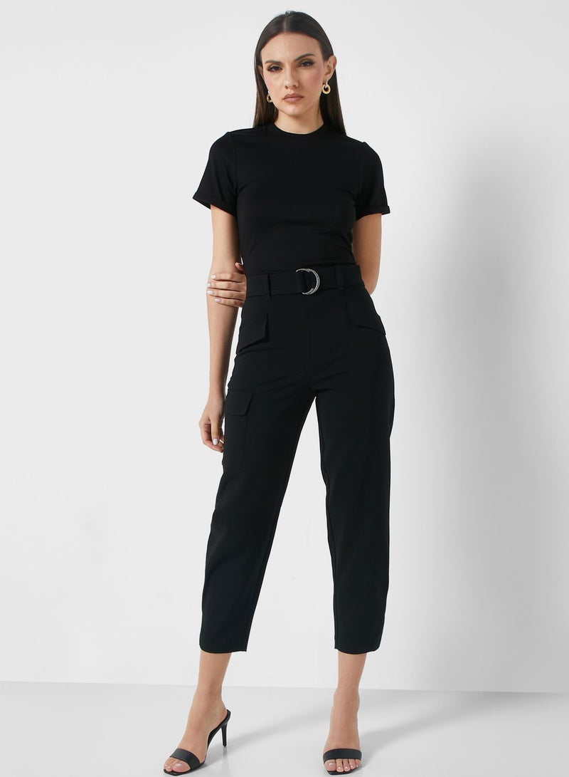 High Waisted Belted Tapered Cargo Jumpsuit