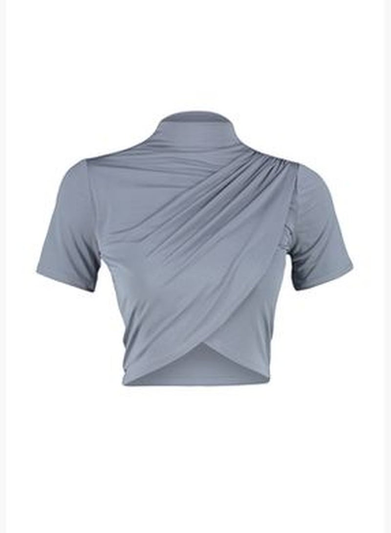Gray High Neck Short Sleeve Draped Crop Blouse Knitted Blouse TWOSS24BZ00422
