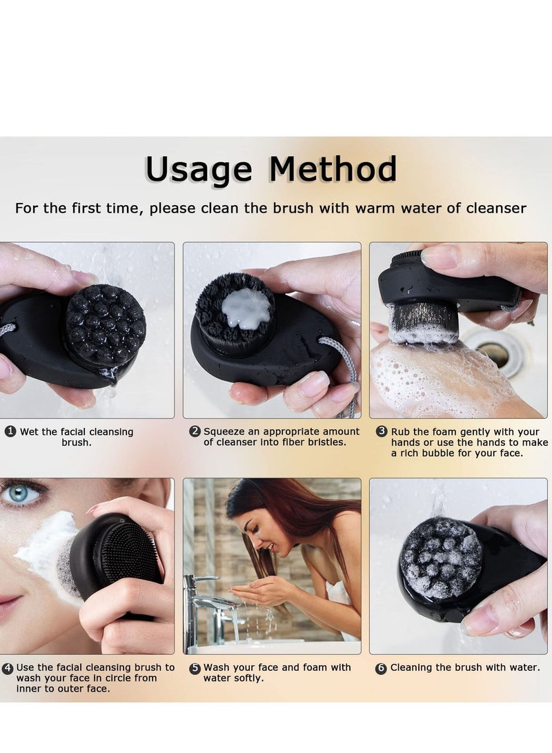 Facial Cleansing Brush, 2 in 1 for Face Exfoliation, Pack Soft Bamboo Charcoal Microfiber Bristle Pore Deep Cleansing, Dual Silicone Scrubber Brush Skincare with Lid, Black