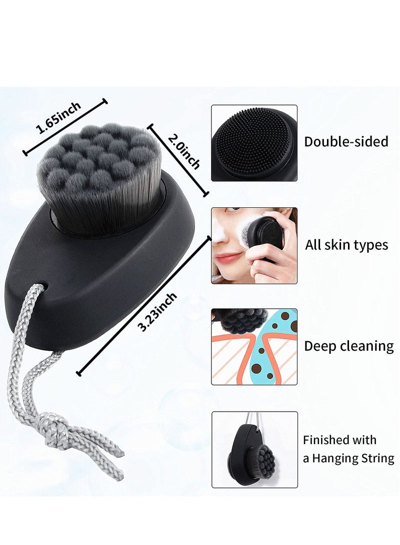 Facial Cleansing Brush, 2 in 1 for Face Exfoliation, Pack Soft Bamboo Charcoal Microfiber Bristle Pore Deep Cleansing, Dual Silicone Scrubber Brush Skincare with Lid, Black
