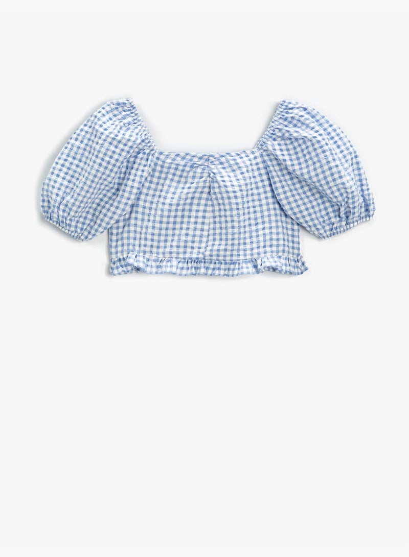 Crop Tank Top Checked Puff Sleeve