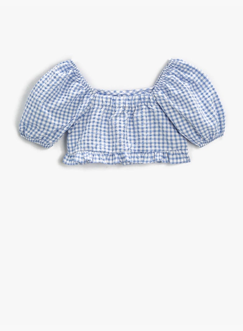 Crop Tank Top Checked Puff Sleeve