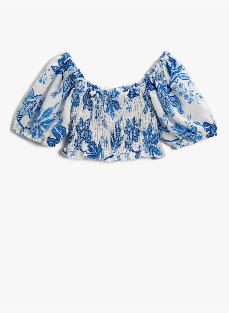 Floral Crop Blouse Puff Sleeve Off The Shoulder Gimped Detail