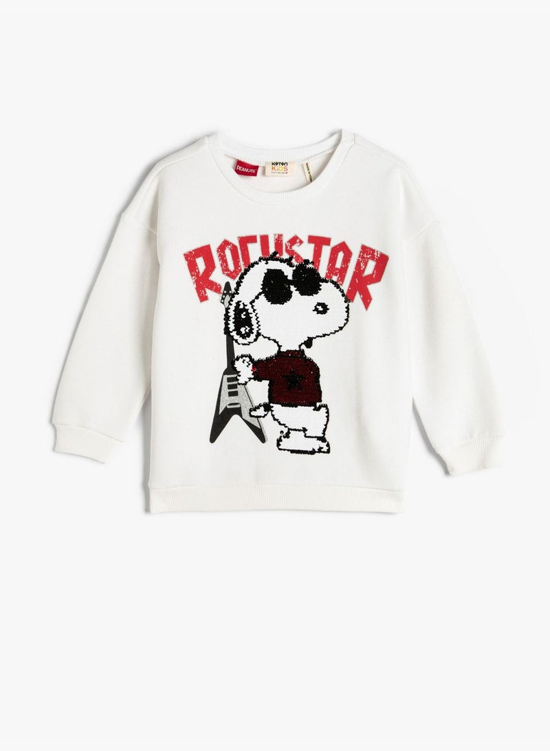 Snoopy Printed Sweatshirt Crew Neck Long Sleeve Sequined Brushed Interior Cotton