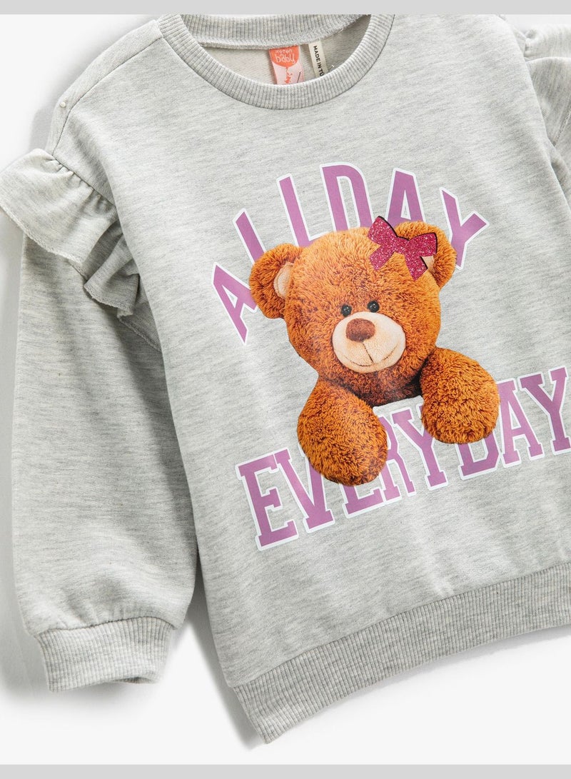 Teddy Bear Printed Ruffled Sweatshirt Long Sleeve Crew Neck