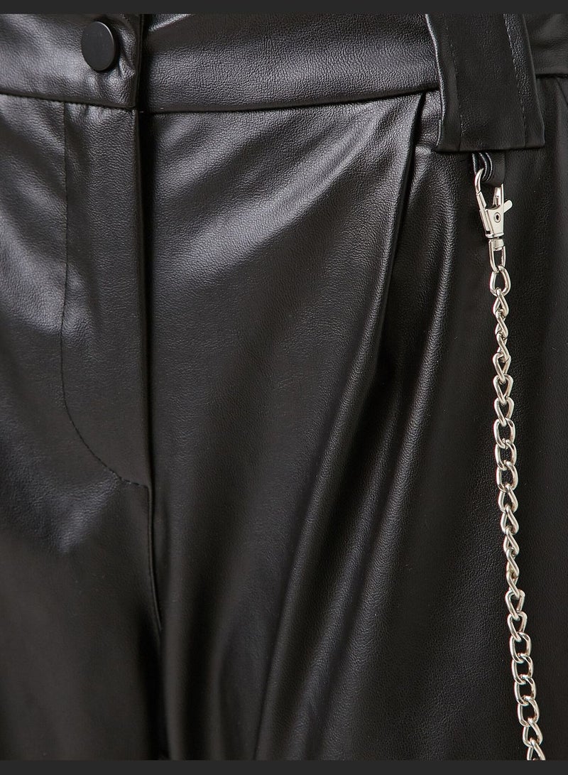 Faux Leather Chain Detailed Jogger Trousers