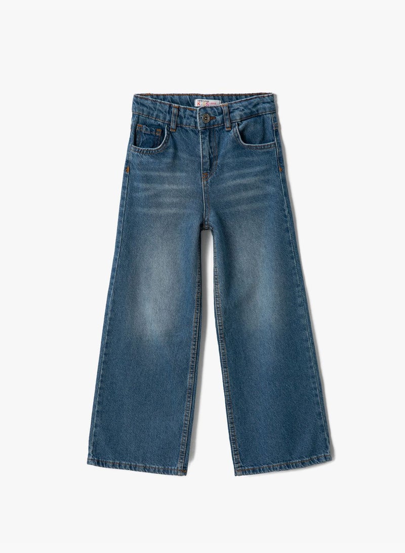 Wide Leg Jean - Button Closure Pocket Detail Cotton