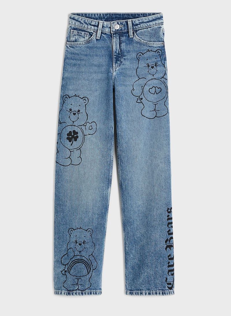 Kids Bear Print Wide Leg Jeans