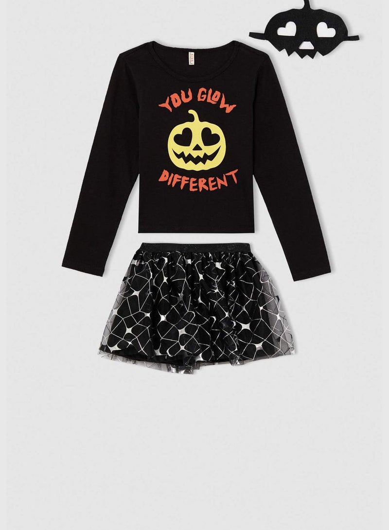 Halloween Print Long Sleeve T-shirt & Skirt & Mask Set
