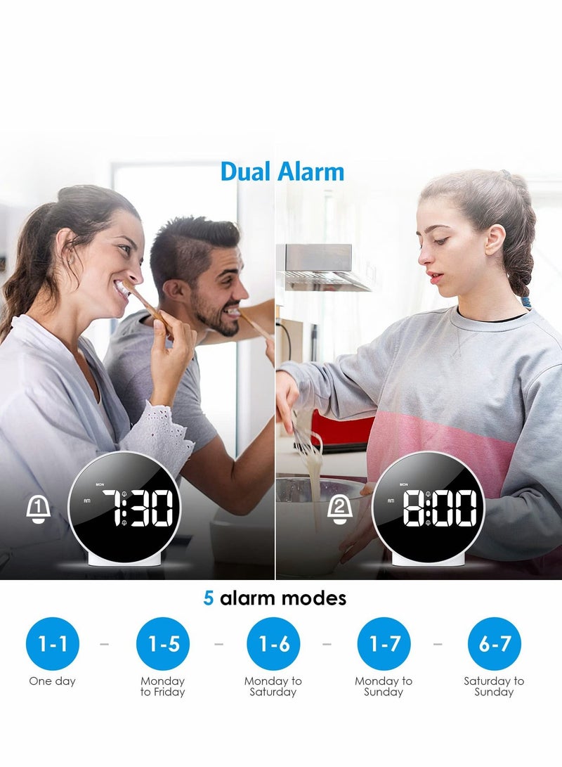 Small Digital Alarm Clock LED Desk Travel Corded Electric Battery Operated (Power Save After 8s) Dual Snooze Dimmable Day Set Week Display 4inch White
