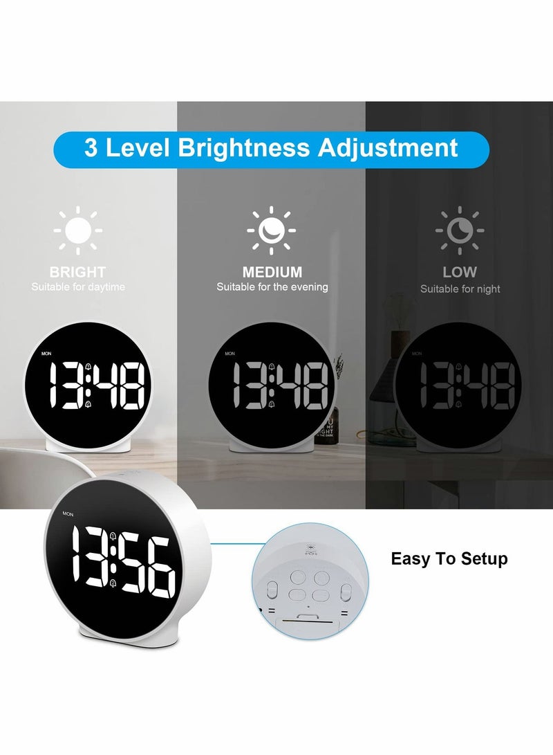 Small Digital Alarm Clock LED Desk Travel Corded Electric Battery Operated (Power Save After 8s) Dual Snooze Dimmable Day Set Week Display 4inch White