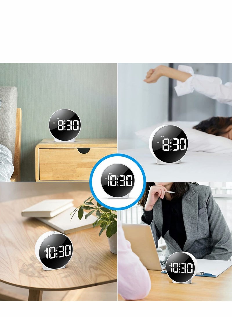 Small Digital Alarm Clock LED Desk Travel Corded Electric Battery Operated (Power Save After 8s) Dual Snooze Dimmable Day Set Week Display 4inch White