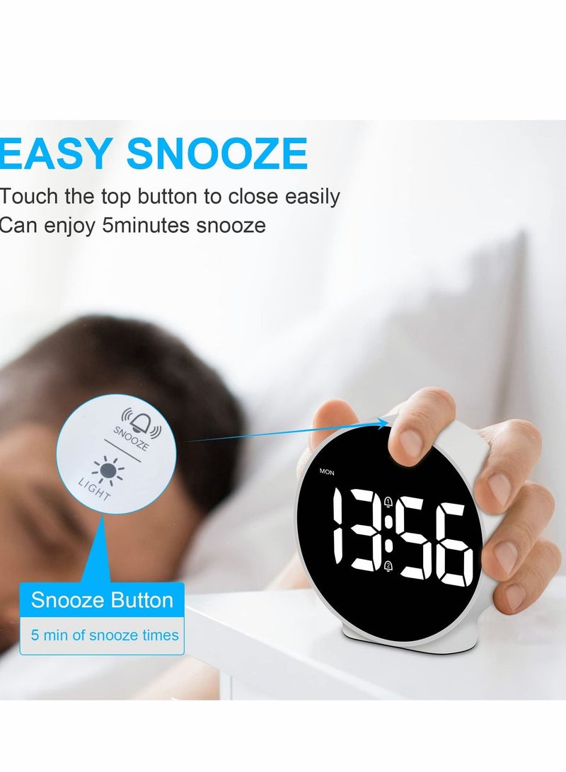 Small Digital Alarm Clock LED Desk Travel Corded Electric Battery Operated (Power Save After 8s) Dual Snooze Dimmable Day Set Week Display 4inch White