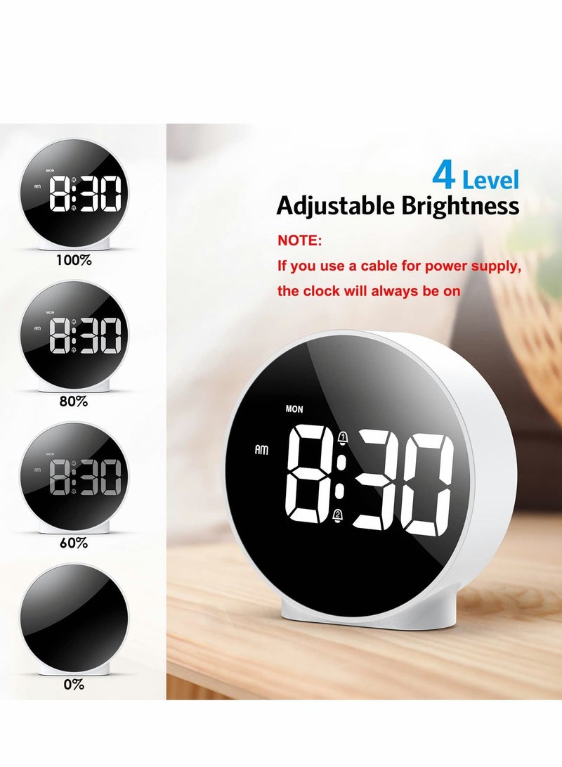 Small Digital Alarm Clock LED Desk Travel Corded Electric Battery Operated (Power Save After 8s) Dual Snooze Dimmable Day Set Week Display 4inch White